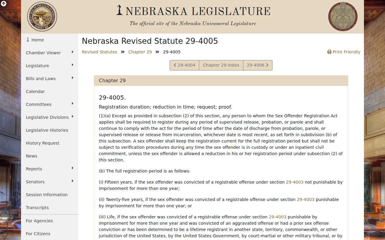 Kimball County sex offender registration duration law in Nebraska statute 29-4005