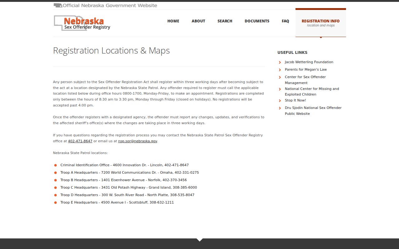 Kimball County sex offender registration locations and Nebraska State Patrol contact information